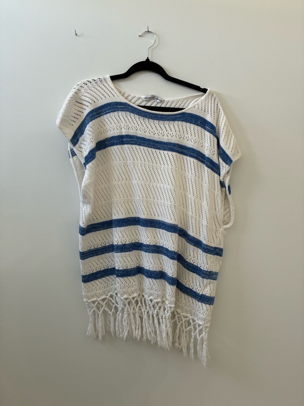 cupcakes & cashmere White and Blue Knit Fringe Cover-Up